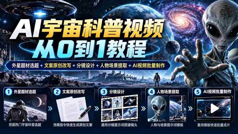 AI宇宙科普视频从0到1教程|外星题材选题+文案原创改写+分镜设计+人物场景提取+AI视频批量制作-一起发