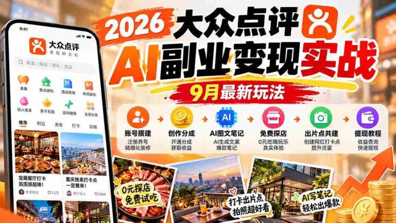 2026大众点评AI副业变现实战9月最新玩法:账号搭建+创作分成+AI图文笔记+免费探店+出片点共建与提现教程-一起发