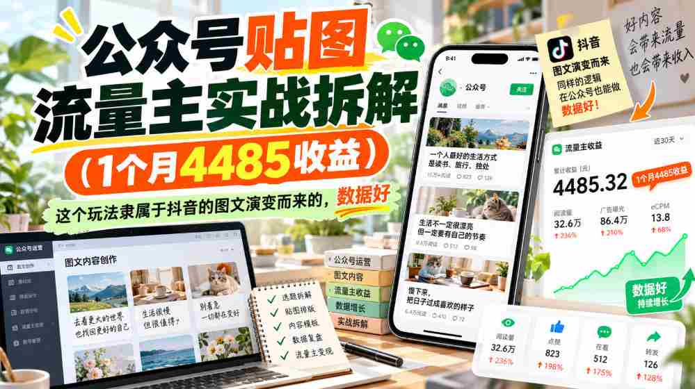 抖音图文流量变现揭秘：仅需1月便斩获4485元，此法源自抖音图文玩法，数据表现亮眼-一起发