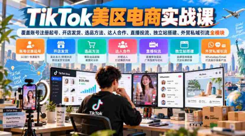 TikTok美区电商实战课,覆盖账号注册起号、开店发货、选品方法、达人合作、直播投流、独立站搭建、外贸私域引流全模块-一起发