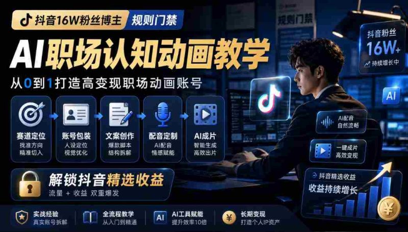 抖音16W粉丝博主规则门禁的AI职场认知动画教学,从赛道定位、账号包装,到文案创作、配音定制、AI成片,解锁抖音精选收益-一起发