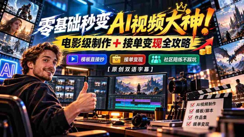 轻松入手AI视频制作高手!掌握电影水准制作技巧,一招掌握接单赚钱秘籍,模板即学即用,社区助力避坑【独家双语教学-一起发