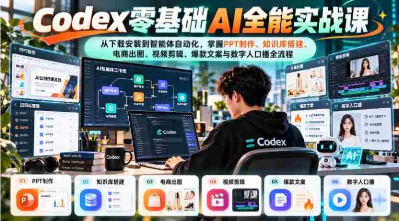 入门无门槛,Codex AI全能课程:从安装入门到智能自动化,全面解锁知识库构建、电商设计、视频编辑、爆款文案及数字人配音全技能-一起发