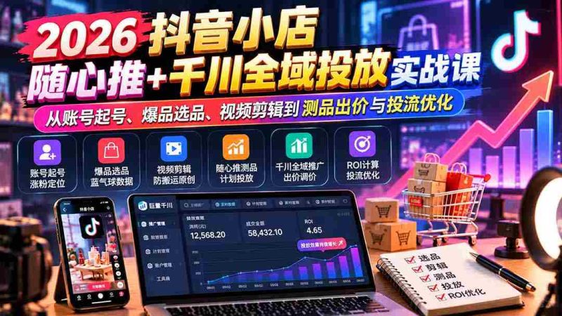 2026抖音小店全域营销攻略：账号搭建、爆款挖掘、视频制作全解析，揭秘随心推与千川投放技巧-一起发