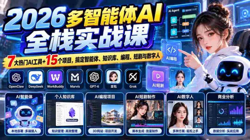 【无水印】2026多智能体AI全栈实战课:7大热门AI工具+15个项目,搞定智能体、知识库、编程、短剧与数字人-一起发