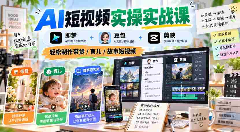 AI短视频实操实战课,即梦+豆包+剪映,轻松制作带货/育儿/故事短视频
