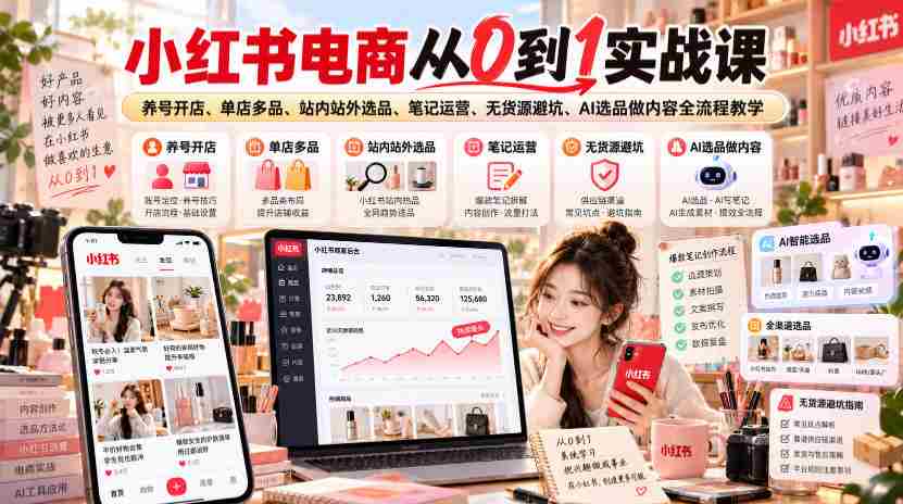 小红书电商从0到1实战课|养号开店、单店多品、站内站外选品、笔记运营、无货源避坑、AI选品做内容全流程教学