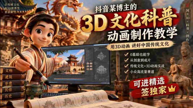 抖音某博主的3D文化科普动画制作教学，用3D动画呈现中国传统文化，可进精选签独家，单日收益1k+-一起发