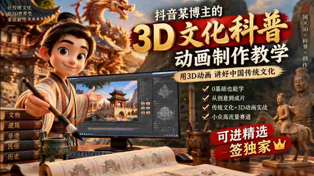 抖音某博主的3D文化科普动画制作教学，用3D动画呈现中国传统文化，可进精选签独家，单日收益1k+-一起发