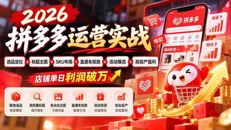 2026拼多多实战攻略:精选商品定位与优化,打造爆款标题与主图,SKU布局策略,直通车高效投放,活动引流技巧,实现店铺日利润过万-一起发