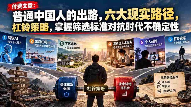 付费文章:普通中国人的出路,六大现实路径,杠铃策略,掌握筛选标准对抗时代不确定性-一起发