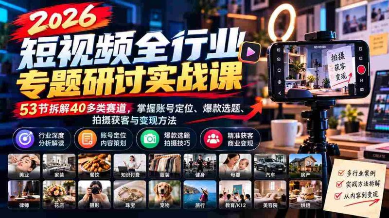 2026短视频领域深度解析实战研讨会:1010版全面升级,解析53节课程,涵盖40余赛道,揭秘账号定位、热门选题、拍摄技巧与盈利策略-一起发