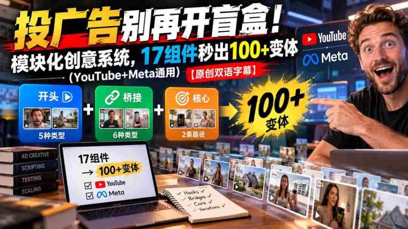 投广告别再开盲盒!模块化创意系统,17组件秒出100+变体(YouTube+Meta通用)【原创双语字幕】-一起发