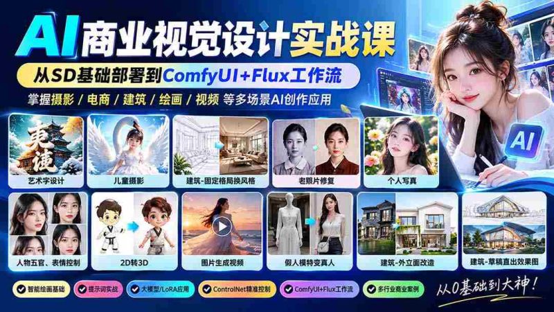 零水印】AI商业视觉设计实操教学:从SD核心部署至ComfyUI+Flux流程,解锁摄影、电商、建筑AI创作秘籍-一起发