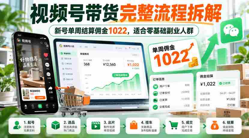视频号带货完整流程拆解,新号单周结算佣金1022,适合零基础副业人群