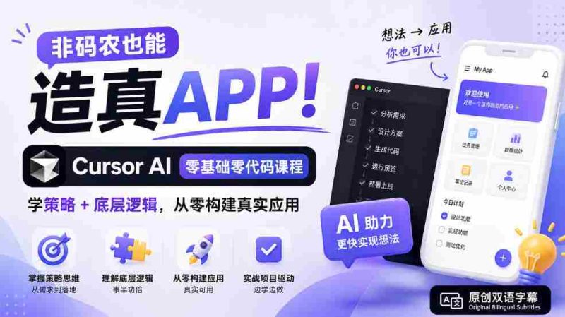 非码农也能造真APP!Cursor AI零基础零代码课程:学策略+底层逻辑,从零构建真实应用【原创双语字幕】-一起发