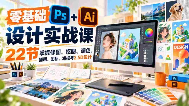 免费】小白也能轻松学会的PS和AI设计课程|22节课解锁修图、抠图、调色等实用技能-一起发