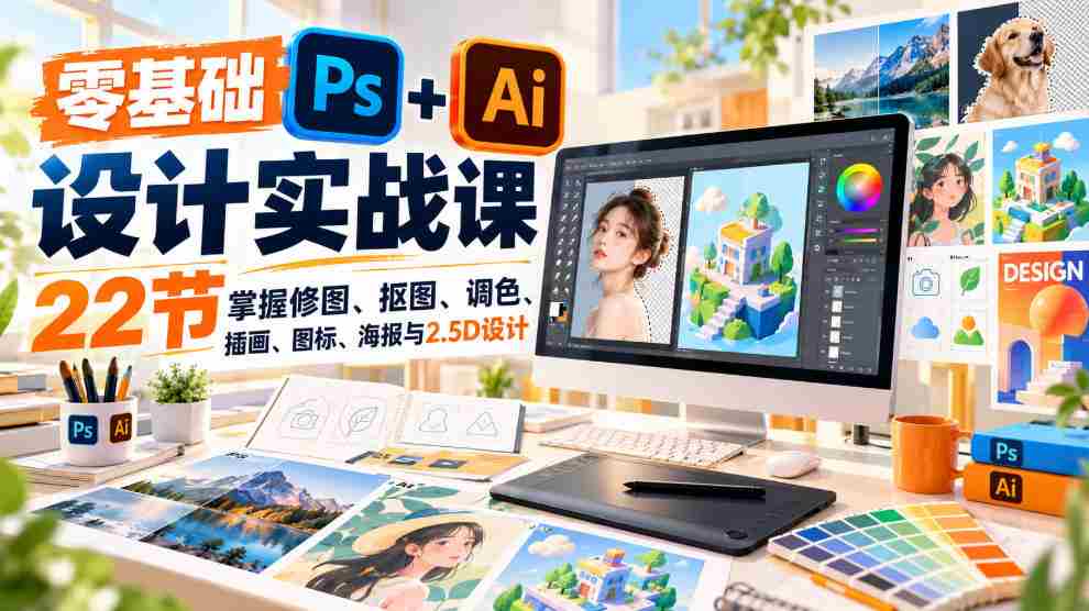 免费】小白也能轻松学会的PS和AI设计课程｜22节课解锁修图、抠图、调色等实用技能-一起发