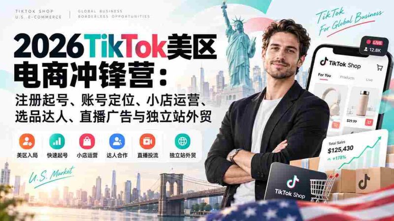 2026年TikTok美国市场电商特训营:账号创建与定位、店铺运营、达人选品、直播营销与外贸独立站建设-一起发