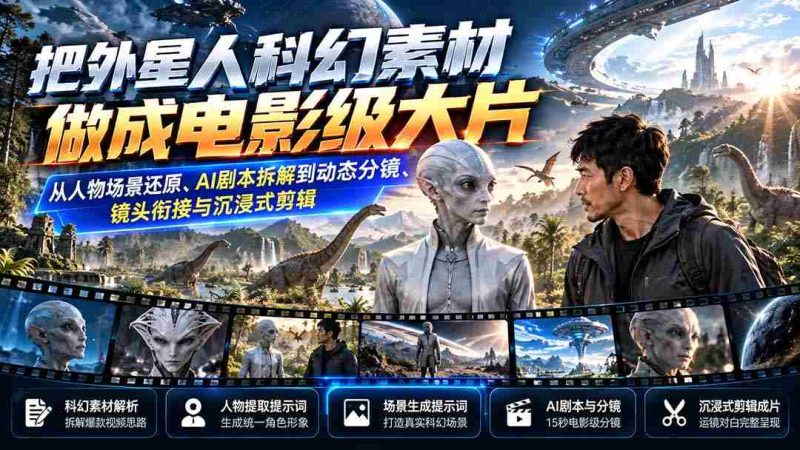 将科幻外星人元素打造成为电影巨制：全方位重现角色与场景、AI剧本剖析、动态分镜制作、镜头过渡与沉浸式剪辑技艺-一起发