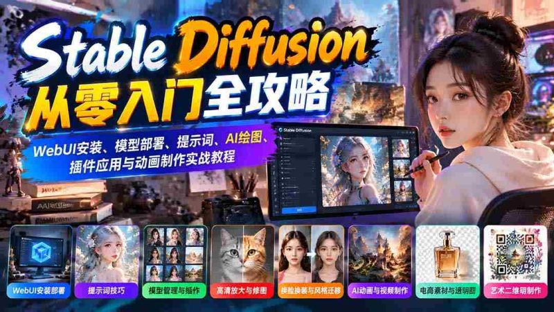 Stable Diffusion从零入门全攻略:WebUI安装、模型部署、提示词、AI绘图、插件应用与动画制作实战教程-一起发