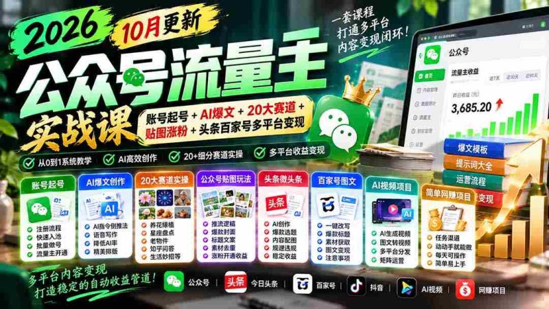 2026年公众号流量运营大师班:全新升级版!10月精选:打造爆款账号、AI智能创作、覆盖20大热门领域、贴图吸粉攻略+头条、百家号等多平台盈利策略-一起发