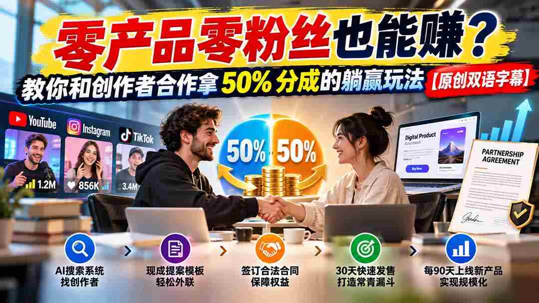 零产品零粉丝也能赚？教你和创作者合作拿 50% 分成的躺赢玩法【原创双语字幕】-一起发