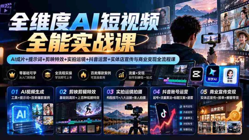 一网打尽】AI短视频制作高手训练营:从AI剪辑到抖音运营,全方位实操教学助力商业变现-一起发