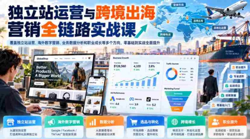 独立站运营与跨境出海营销全链路实战课,覆盖独立站运营、海外数字营销、业务数据分析和职业成长等多个方向,零基础到实战全面提升-一起发