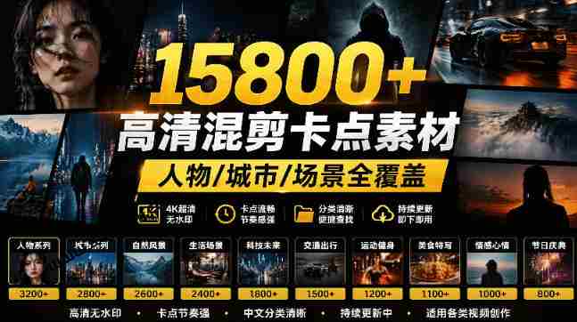 【影视剪辑素材合集】15800+高清混剪卡点|热门影视精彩片段|人物/城市/场景全覆盖,中文分类清晰