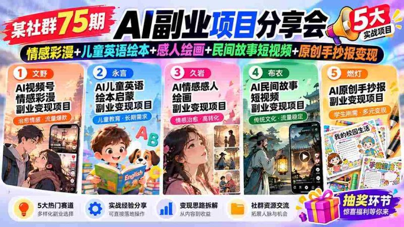 探寻AI新商机!75期社群盛宴:彩漫情感绘、少儿英语绘本、动人绘画艺术、民间故事短视频、手抄报原创变现攻略-一起发