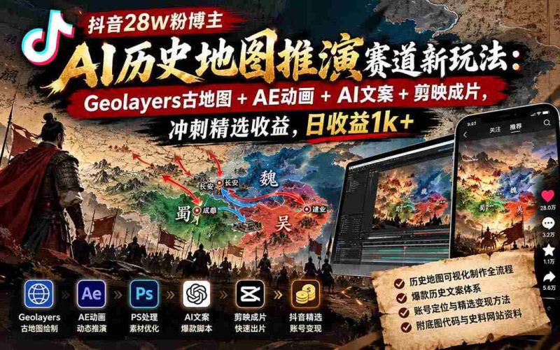 探索抖音AI历史地图创新玩法:Geolayers古地图、AE动画、AI文案融合剪映,28万粉丝博主领跑,日收入突破千元-一起发