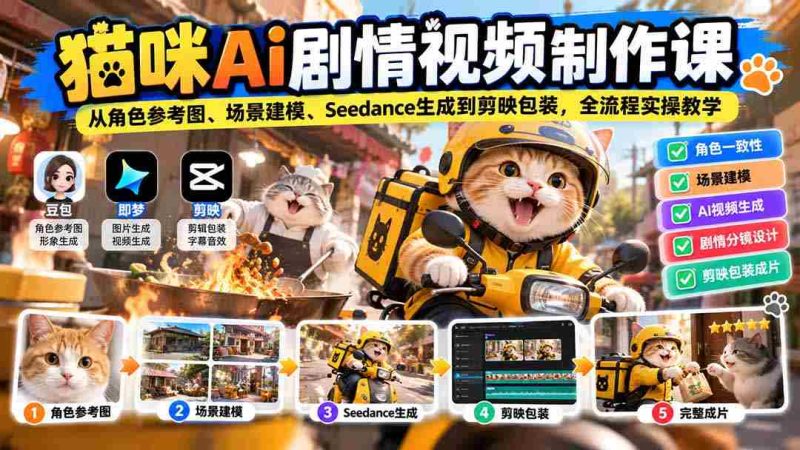 猫咪AI剧情视频制作课:从角色参考图、场景建模、Seedance生成到剪映包装,全流程实操教学-一起发