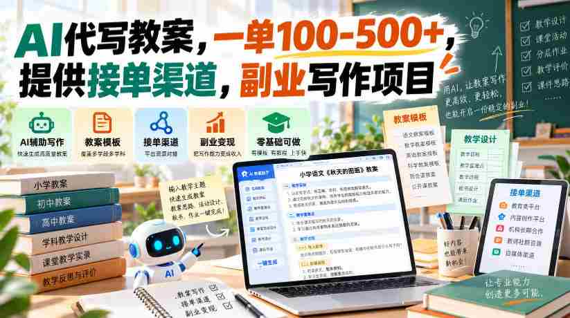 AI代写教案,一单100-500+,提供接单渠道,副业写作项目
