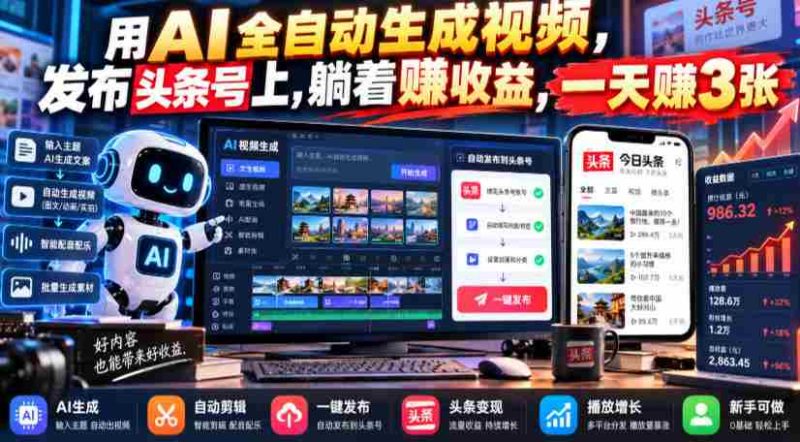 AI技术助力,轻松一键生成热门视频,入驻头条号躺赚收益,日入千赚不再是梦-一起发