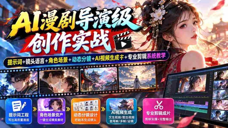 AI漫剧导演级创作实战:提示词+镜头语言+角色场景+动态分镜+AI视频生成+专业剪辑系统教学-一起发