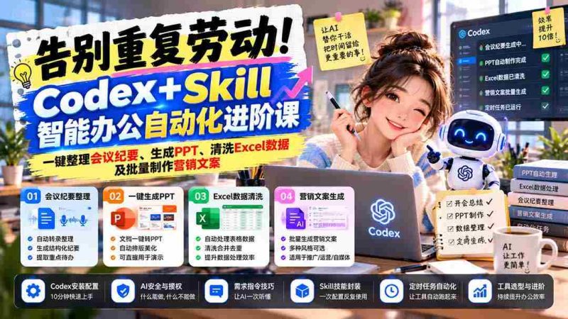 智能办公新篇章!Codex+Skill自动化课程:轻松整理会议、高效制作PPT、清洗Excel、批量生成营销文案-一起发