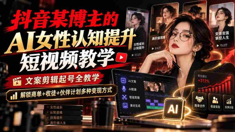 抖音达人揭秘:AI辅助女性认知进阶教程,视频制作与账号运营全攻略,解锁商业合作、收徒和团队伙伴多元化盈利模式-一起发