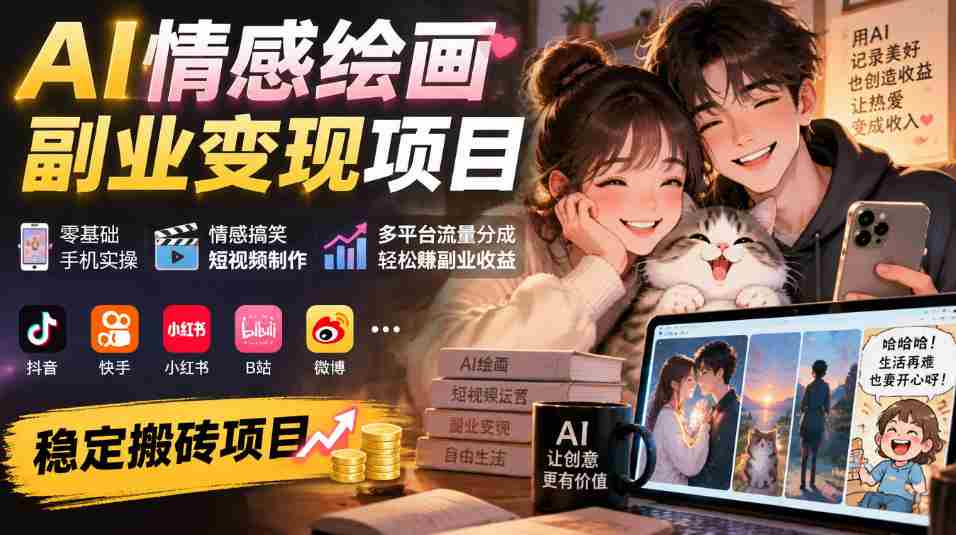 手机操作轻松入门，AI情感绘画副业攻略：搞笑短视频制作，多平台流量分红，副业收益稳赚不赔-一起发