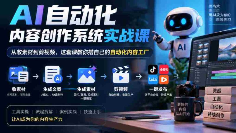 AI自动化内容创作系统实战课,从收素材到剪视频,这套课教你搭自己的自动化内容工厂-一起发