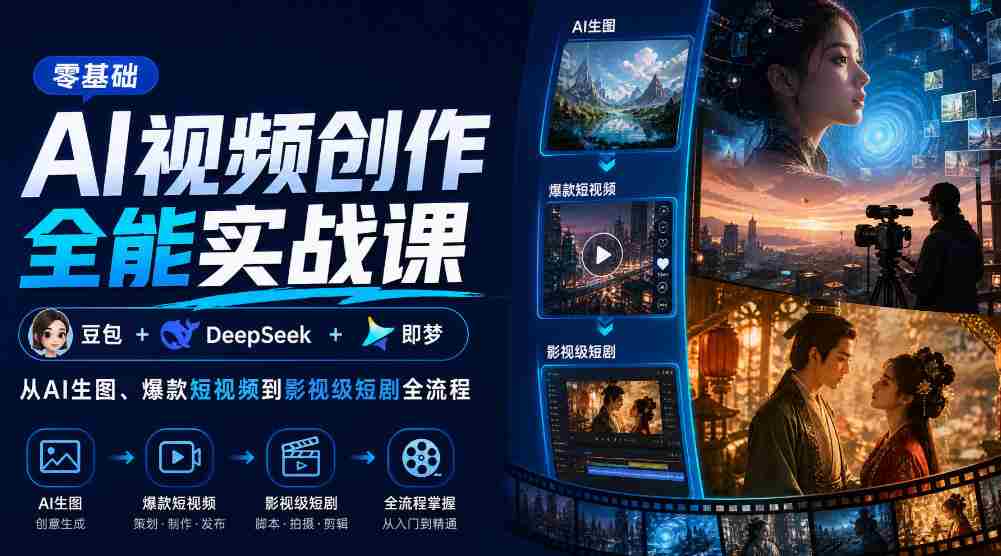 零基础AI视频创作全能实战课|豆包+DeepSeek+即梦,从AI生图、爆款短视频到影视级短剧全流程