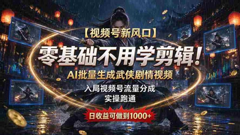 【视频号新风口】零基础不用学剪辑!AI 批量生成武侠剧情视频,入局视频号流量分成,实操跑通,日收益可做到 1000+-一起发
