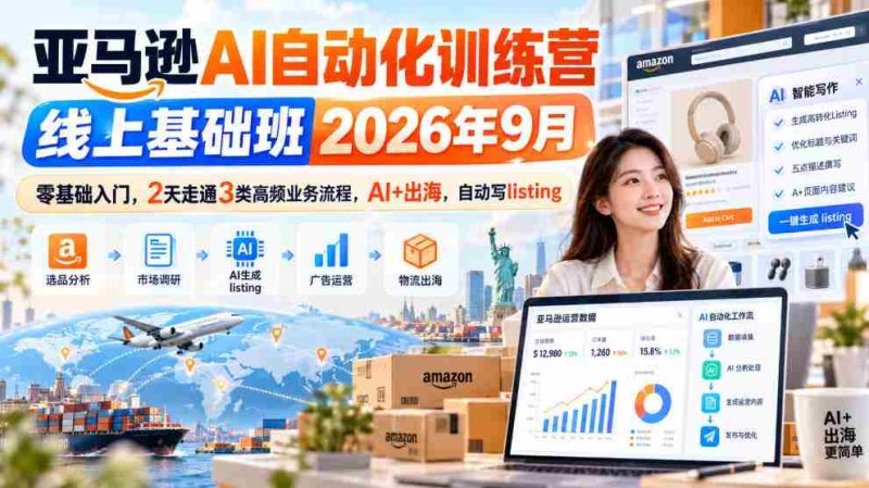 2026年9月亚马逊AI自动化实战营：2日速成，零起点掌握三大热门业务，AI赋能跨境，高效撰写商品列表-一起发