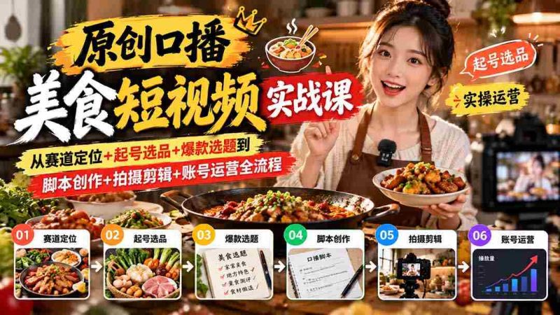 独家揭秘:一课精通美食短视频制作:从找准赛道、精选内容到爆款选题、脚本打磨,全方位指导拍摄剪辑与账号运营技巧-一起发