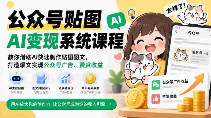 公众号贴图AI变现系统课程|教你借助AI快速制作贴图图文,打造爆文实现公众号广告、赞赏收益-一起发