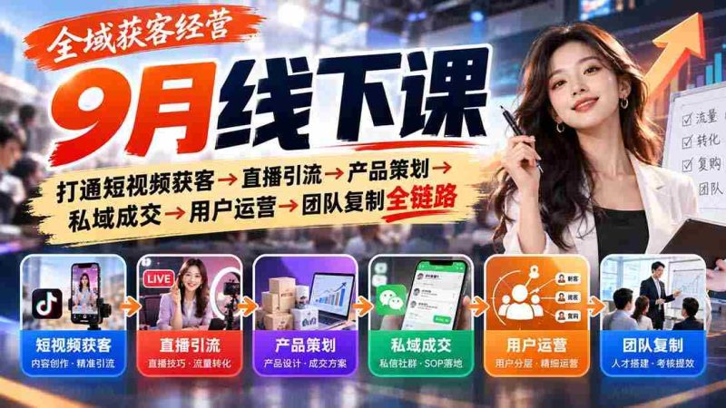 9月全域营销实战课程:从短视频吸粉到直播带货,再到产品设计与私域转化,全面解析用户运营与团队复制之道-一起发