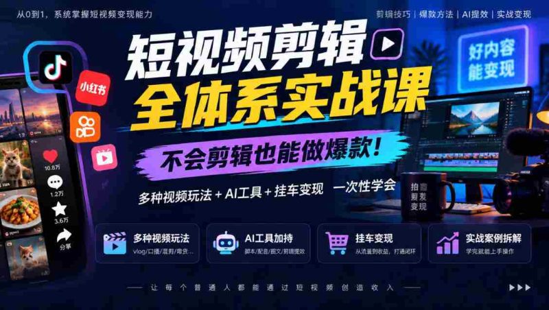 轻松掌握短视频剪辑秘籍,零基础打造热门内容,全方位学习视频制作、AI赋能及挂车盈利-一起发