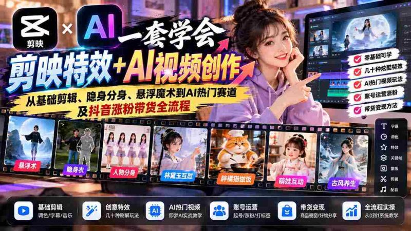 一套学会剪映特效+AI视频创作:从基础剪辑、隐身分身、悬浮魔术到AI热门赛道及抖音涨粉带货全流程-一起发