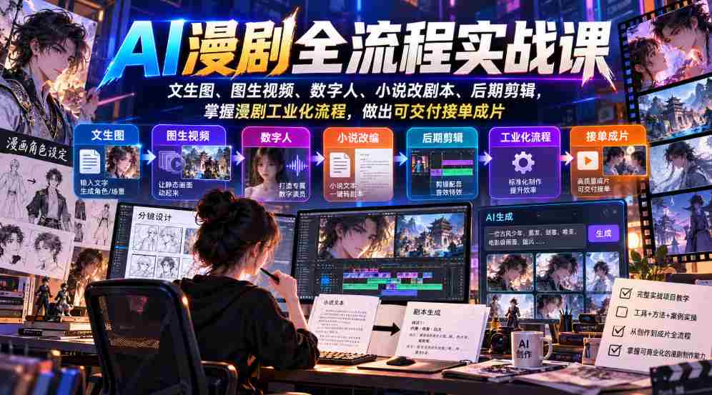 解锁AI漫剧制作全攻略：从文字到视频，数字人打造，剧本改编，后期剪辑，精通漫剧工业链，轻松接单出品-一起发