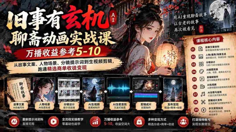 揭秘古事神秘面AI版聊斋动画实操课程来袭！9月开课，万播收益预估5-10元，涵盖故事文案、角色场景及分镜制作，助你轻松驾驭精选广告合作与学徒招募-一起发